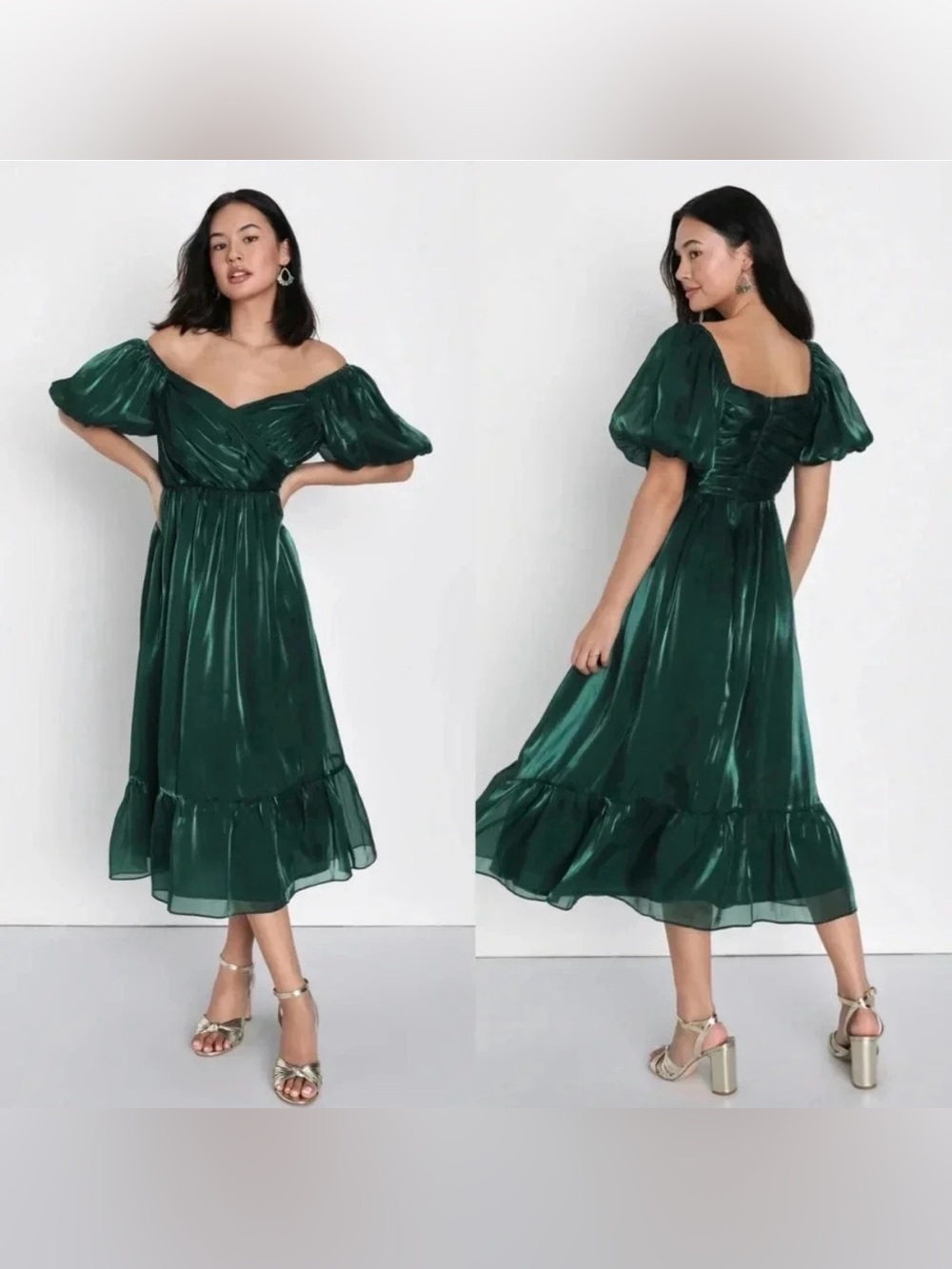 Lulus Remarkable Sensation
Emerald Green Puff Sleeve
Tiered Midi Dress size m